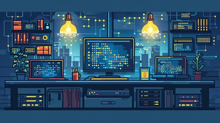 illustration vector, Software development coding process concept. Programming, testing cross platform code, app on laptop, tablet, phone. Create, editing script desktop and mobile devices. Technology 