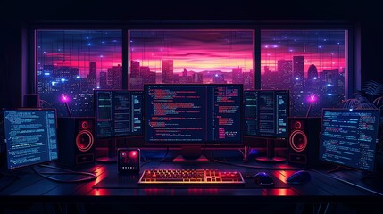 illustration vector, Software development coding process concept. Programming, testing cross platform code, app on laptop, tablet, phone. Create, editing script desktop and mobile devices. Technology 