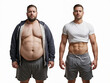 © Pixel Vest - A man poses before and after weight loss. Diet and healthy nutrition. Fitness results, get fit. Liposuction results, plastic surgery. Transformation from fat to athlete. Overweight and slim, training