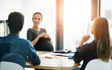 Poster - Business, meeting and pregnant woman in office with team, discussion and planning for b2b collaboration. Pregnancy, consultant and clients at desk together for conversation, networking and management