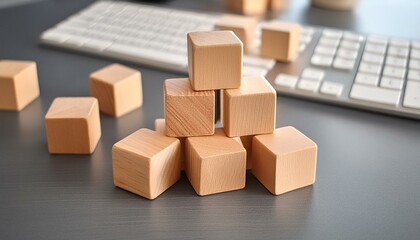 Wall Mural - Digital Enterprise: Wooden Block Cubes and Computer Keyboard for Modern Online Business