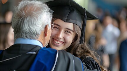 Happy student hugs her father after receiving diploma on graduation day at the university