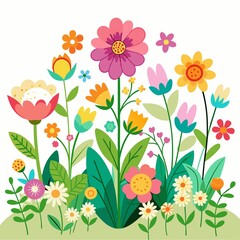 Wall Mural - retro, season, spring, blooms, Joyful Spring Blooms Scene on White Background