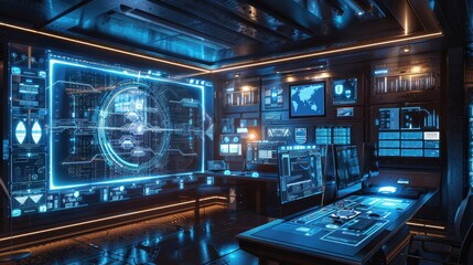 Wall Mural - A high-tech cyber defense center with holographic displays and data streams, digital art, emphasizing protection and innovation.