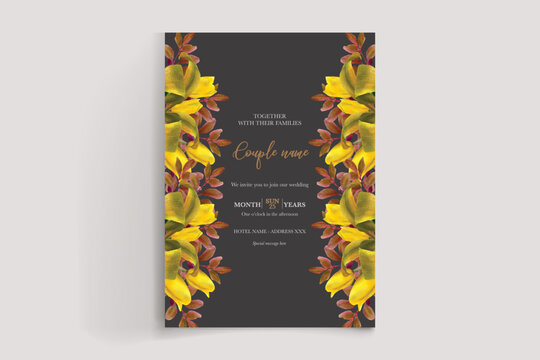 WEDDING INVITATION FRAME WITH FLOWER DECORATIONS AND FRESH LEAVES 