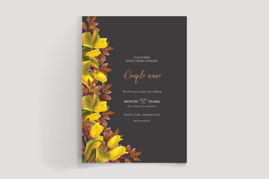 WEDDING INVITATION FRAME WITH FLOWER DECORATIONS AND FRESH LEAVES 