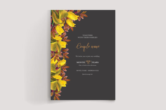 WEDDING INVITATION FRAME WITH FLOWER DECORATIONS AND FRESH LEAVES 