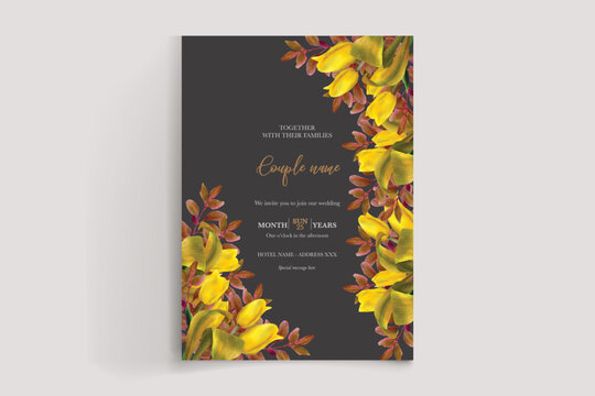 WEDDING INVITATION FRAME WITH FLOWER DECORATIONS AND FRESH LEAVES 