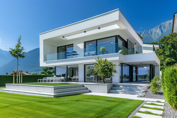 Wall Mural - Elegant modern white villa featuring glass balconies, a lush green lawn, and stunning mountain views under a bright blue sky.