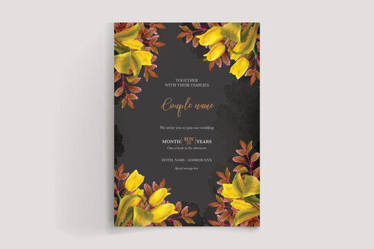 WEDDING INVITATION FRAME WITH FLOWER DECORATIONS AND FRESH LEAVES 