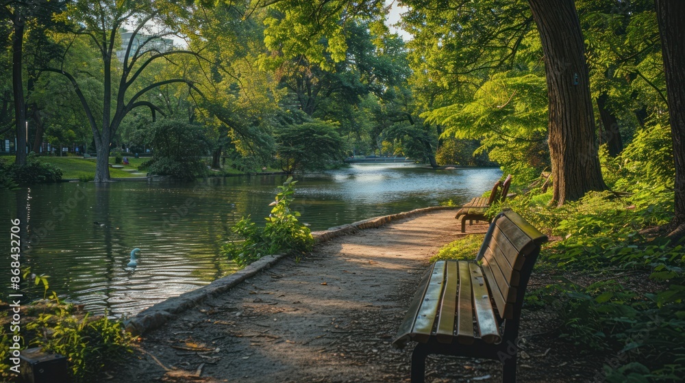 A peaceful riverside park with walking paths, benches, and lush ...