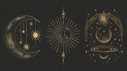 Wall Mural - This image features a mystical astral design including a crescent moon, radiant sunburst, stars, planetary rings, and intricate decorative elements. It represents celestial beauty.
