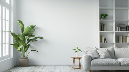 Wall Mural - A stylish grey sofa in a minimalist scandinavian living room with potted house plants and shelves