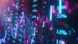 © Milan - A vibrant, futuristic digital representation of stock market data, featuring neon lights, percentage markers, and dynamic graphs that illustrate financial trends and transactions.