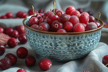 A bowl of red berries sits on a table