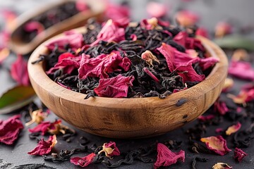 Wall Mural - A bowl of tea leaves and petals sits on a table