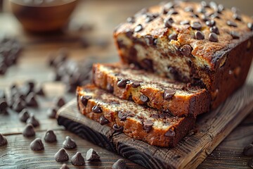 A chocolate chip banana bread is sliced and placed on a wooden cutting board