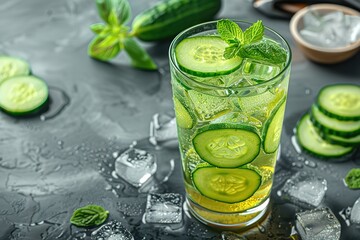 Wall Mural - A glass of cucumber water with a few cucumber slices on the table