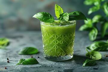 A green drink with a basil leaf on top is sitting on a table