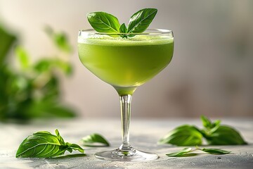 Wall Mural - A green drink in a glass with a sprig of basil on top