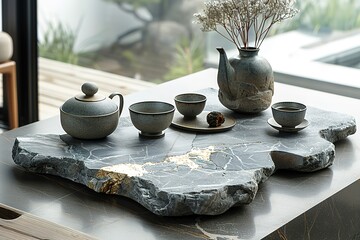 Wall Mural - A table with a teapot, cups, and bowls