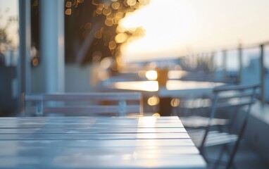 Poster - Bright Summer Day at Coastal Cafe with Empty White Wooden Table, Bokeh Background