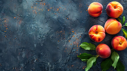 Wall Mural - top view flat lay palisade peaches on dark background with copy space.