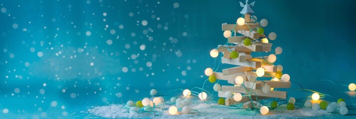 Poster - Festive Mood with Minimalist Wooden Christmas Tree, Lights, and Angel Topper Against Blue Background