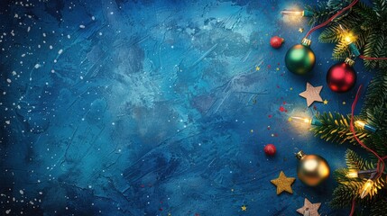 Wall Mural - Christmas hanging balls with Christmas tree branch background. Christmas greeting, Christmas decoration