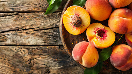 Wall Mural - top view flat lay colorado Local Cuisine: Regional foods like Palisade peaches on wooden plate with copy space.