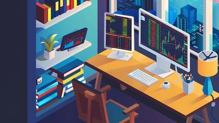 Sticker - Online trading on stock exchange at home isometric vector image
