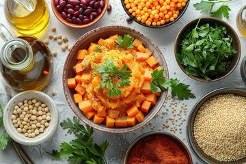 Wall Mural - A bowl of food with a variety of vegetables and spices
