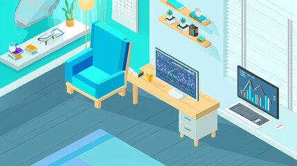 Sticker - Online trading on stock exchange at home isometric vector image