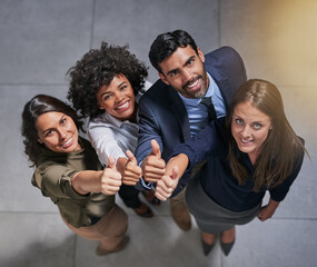 Poster - Thumbs up, portrait and team of business people above for support, success or thank you for diversity. Happy group, like and hand gesture for feedback, review and celebration for winning in office