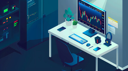 Sticker - Online trading on stock exchange at home isometric vector image