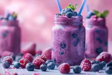 Wall Mural - A blueberry smoothie with a blue straw in it is on a table