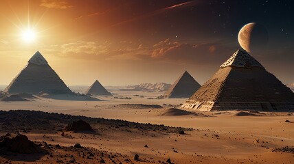 Wall Mural - Alien planet landscape, view of another planet with ancient pyramids in the desert, remnants of an ancient civilization, science fiction background.