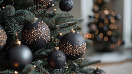 Sticker - Bring the outdoors in with a modern Christmas tree featuring sleek black branches adorned with metallic ornaments and twinkling fairy