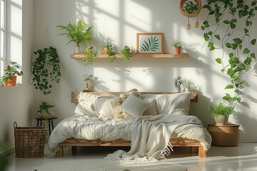 Wall Mural - A bedroom with a white bed and a white blanket