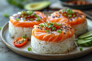 Wall Mural - Three sushi rolls with avocado and sesame seeds on top of white rice