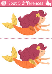Wall Mural - Find differences game for children. Mermaid educational activity with swimming sea princess. Cute puzzle for kids with funny girl with tail. Printable worksheet or page for logic and attention skills.