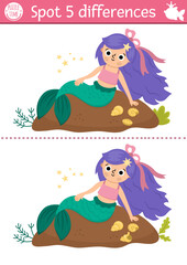 Wall Mural - Find differences game for children. Mermaid educational activity with sea princess on the shore with seashells. Cute puzzle for kids with girl tail. Printable worksheet, page for logic, attention
