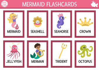 Wall Mural - Vector mermaid flash cards set with sea princess, octopus, trident, merman. Ocean kingdom English language game for kids. Marine fairytale flashcards. Educational printable worksheet.