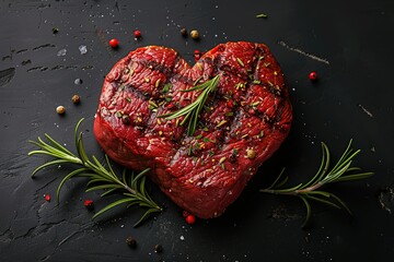 Wall Mural - A heart shaped steak with rosemary and pepper on top