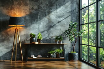 Wall Mural - A room with a lamp, a plant, and a plant on a shelf