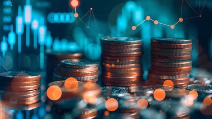 Poster - Coins stacked in a financial graph backdrop representing investment growth and market trends. Modern investment concepts visualized through a digital, futuristic lens. Business finance analysis. AI