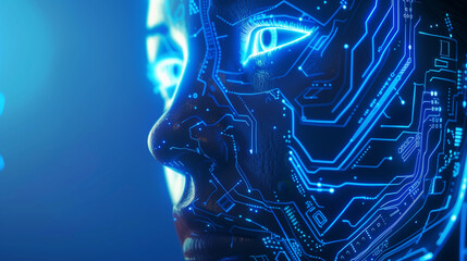 Wall Mural - Close-up of a face with neon circuit patterns and glowing eyes in futuristic style