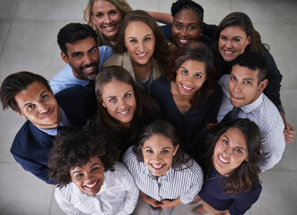 Aufkleber - Collaboration, huddle and smile with portrait of business people in office together from above. Face, teamwork or unity with happy professional men and women in circle at workplace for solidarity