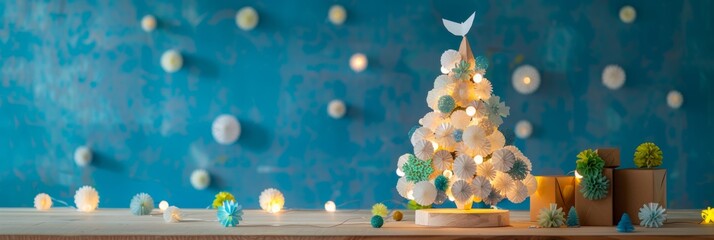 Poster - Modern Christmas Minimalist Wooden Tree with Lights and Angel Topper in a Cozy Indoor Setting