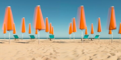 Poster - Symmetrical Abstract Beach Scene with Blurred Orange Umbrellas and Turquoise Chairs in Sandy Landscape Using Long Exposure Techniques